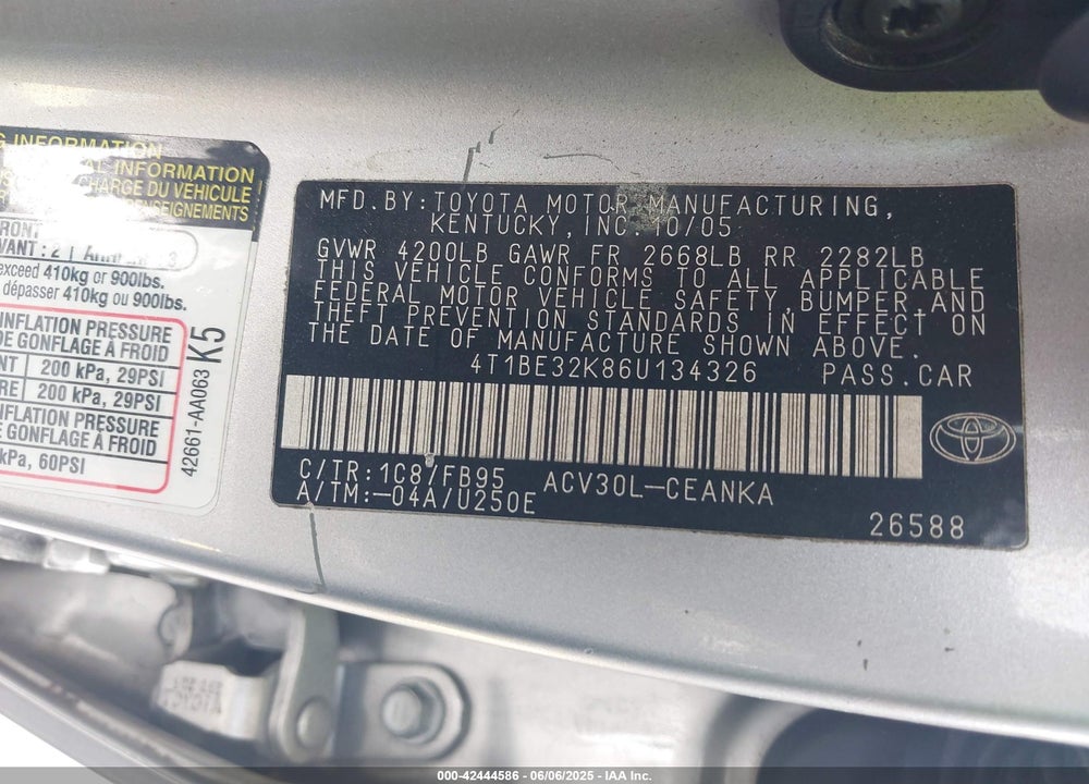 2006 TOYOTA CAMRY VIN: 4T1BE32K86U134326