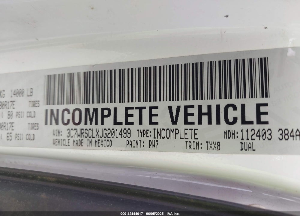 2018 RAM 3500 CHASSIS TRADESMAN/SLT/LAIE VIN: 3C7WRSCLXJG201499