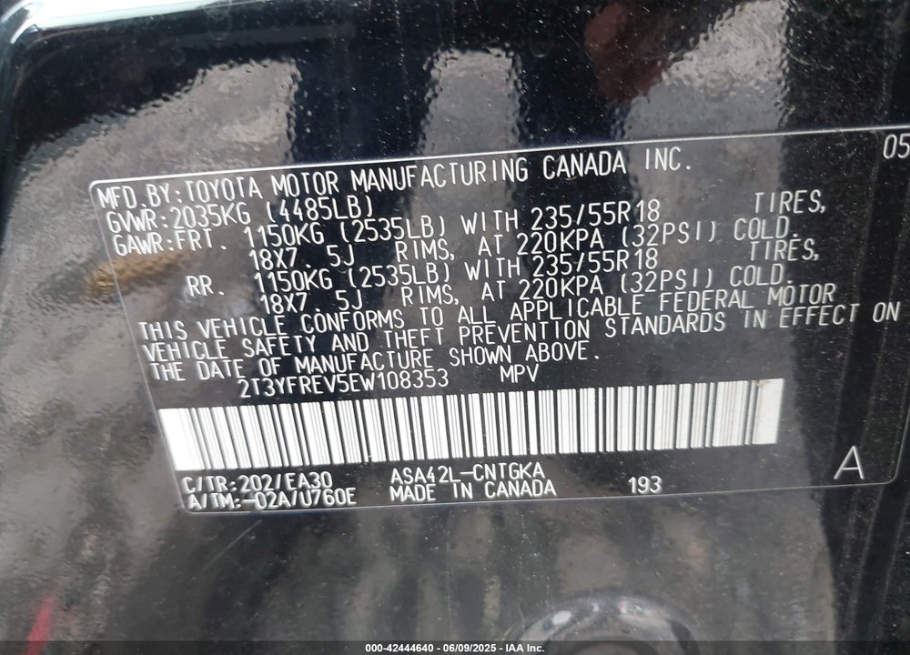2014 TOYOTA RAV4 VIN: 2T3YFREV5EW108353