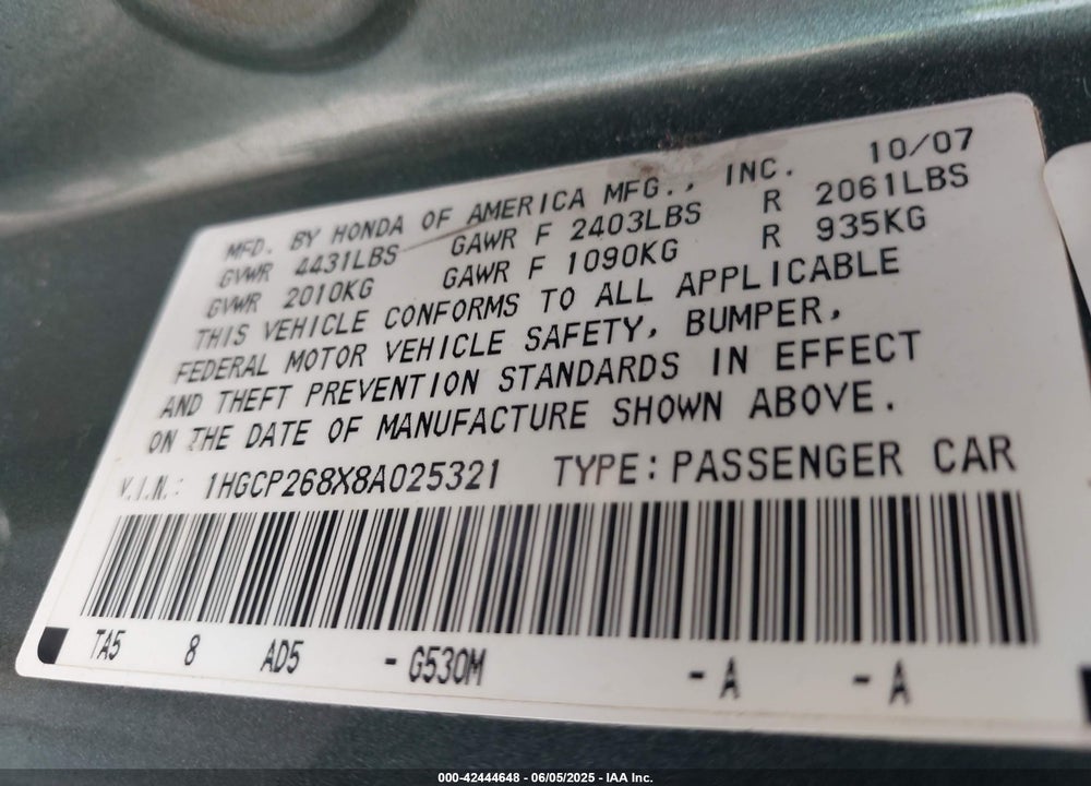 2008 HONDA ACCORD 2.4 EX-L VIN: 1HGCP268X8A025321