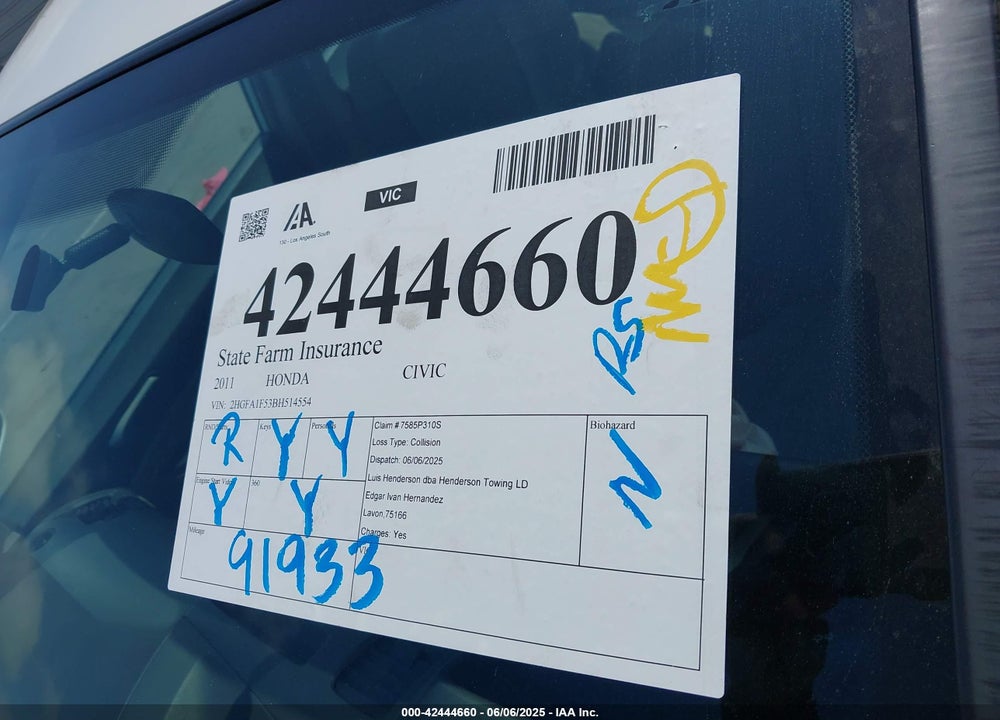 2011 HONDA CIVIC VIN: 2HGFA1F53BH514554