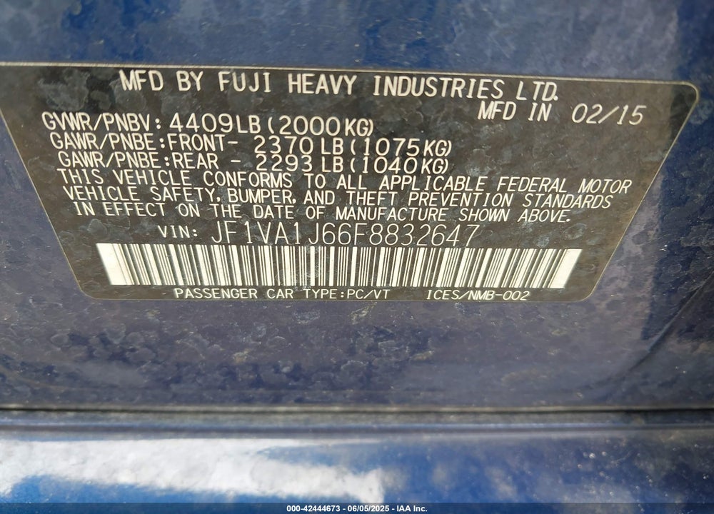 2015 SUBARU WRX LIMITED VIN: JF1VA1J66F8832647
