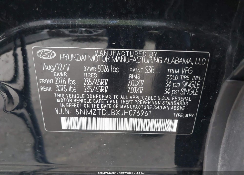 2018 HYUNDAI SANTA FE SPORT VIN: 5NMZTDLBXJH076961
