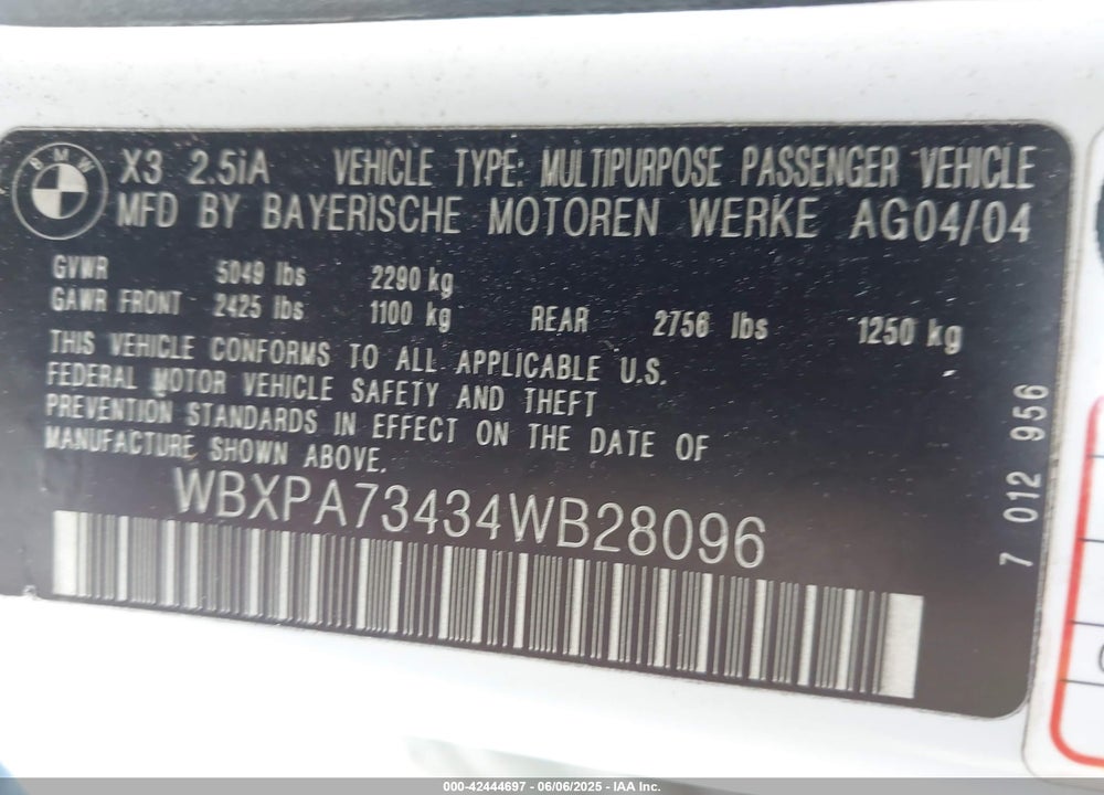 2004 BMW X3 2.5I VIN: WBXPA73434WB28096