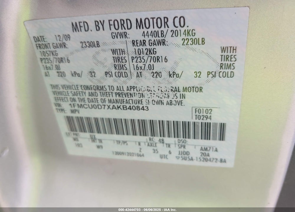 2010 FORD ESCAPE XLT VIN: 1FMCU0D7XAKB40843