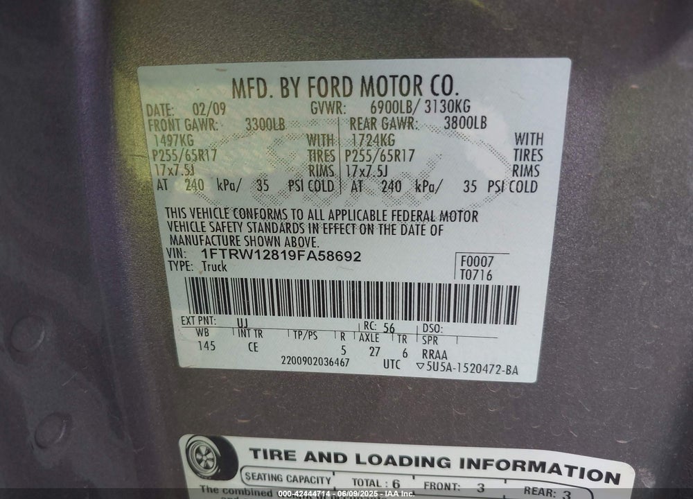 2009 FORD F-150 XL/XLT VIN: 1FTRW12819FA58692