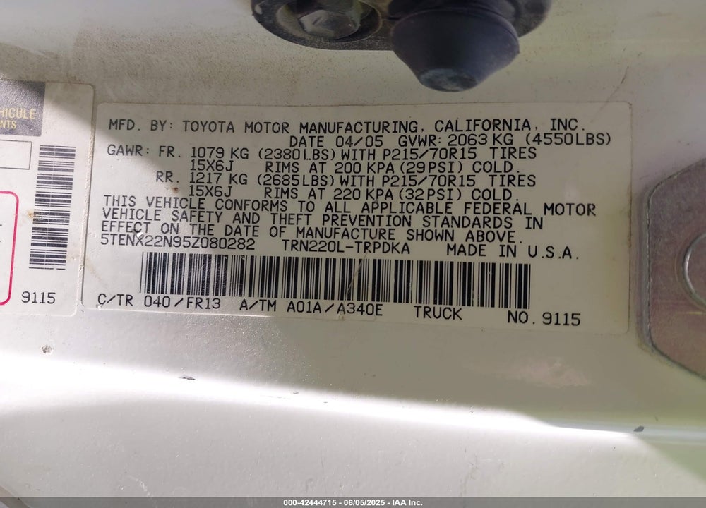 2005 TOYOTA TACOMA VIN: 5TENX22N95Z080282