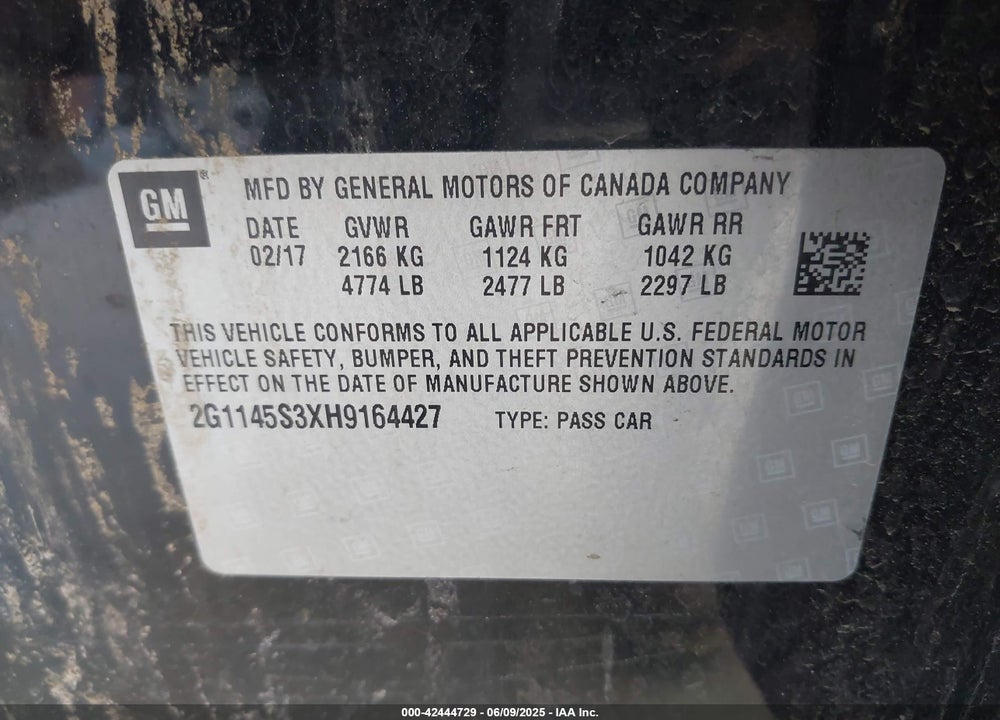 2017 CHEVROLET IMPALA VIN: 2G1145S3XH9164427