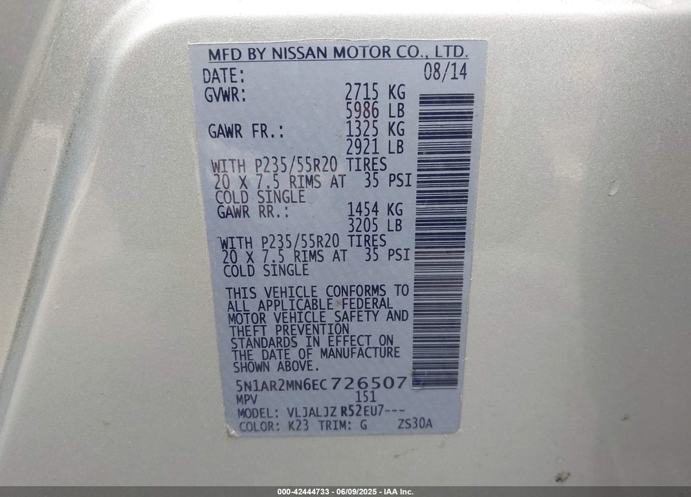 2014 NISSAN PATHFINDER VIN: 5N1AR2MN6EC726507