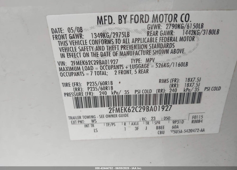 2009 FORD FLEX VIN: 2FMEK62C29BA01927