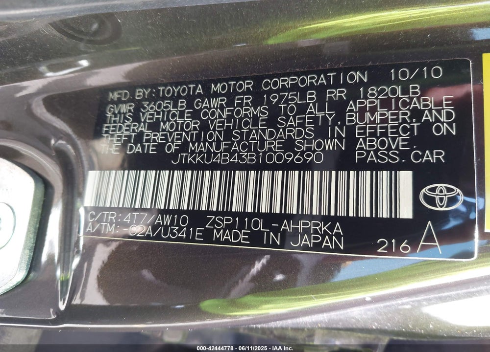 2011 SCION XD RELEASE SERIES 3.0 VIN: JTKKU4B43B1009690