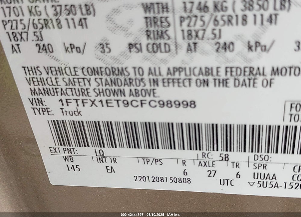 2012 FORD F-150 VIN: 1FTFX1ET9CFC98998