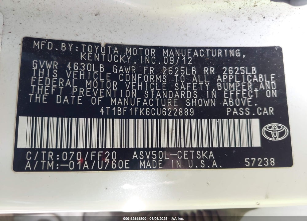 2012 TOYOTA CAMRY VIN: 4T1BF1FK6CU622889