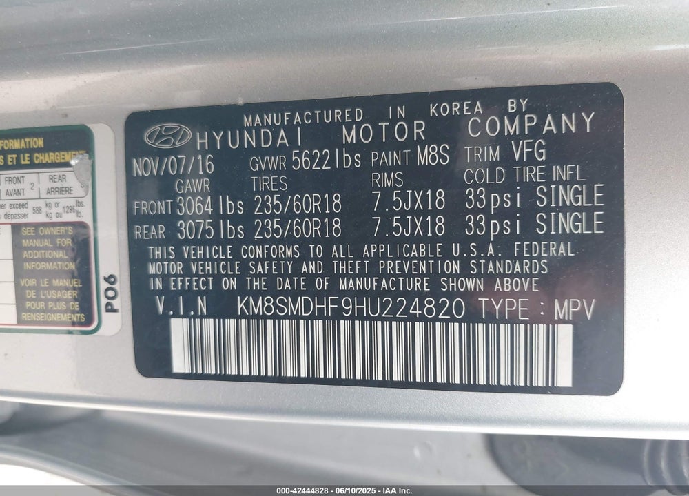 2017 HYUNDAI SANTA FE VIN: KM8SMDHF9HU224820