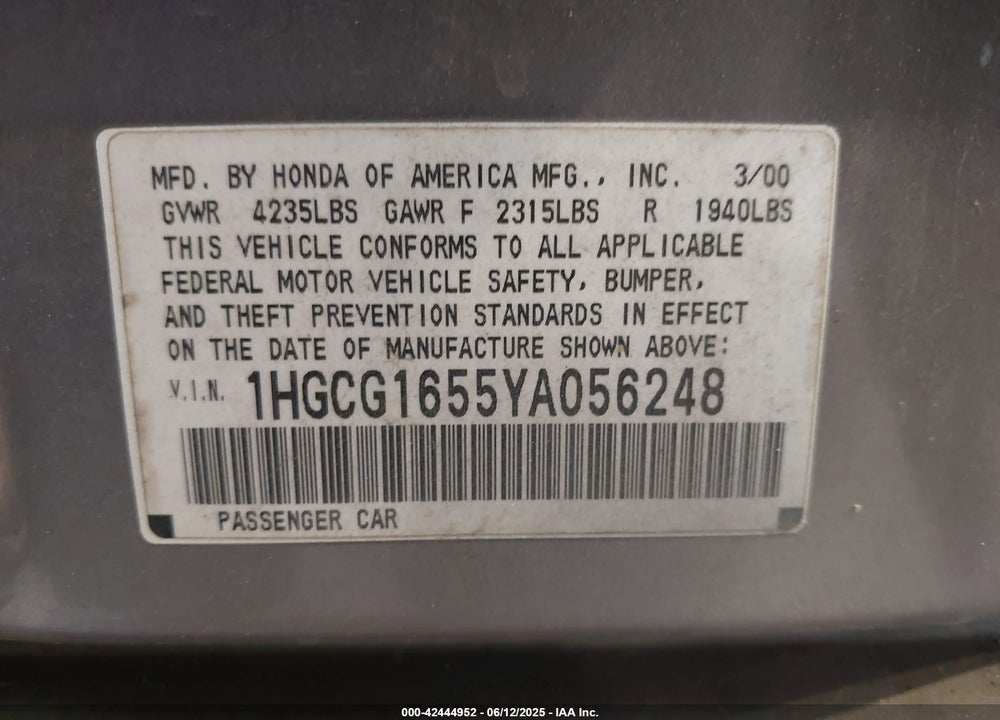 2000 HONDA ACCORD 3.0 EX VIN: 1HGCG1655YA056248