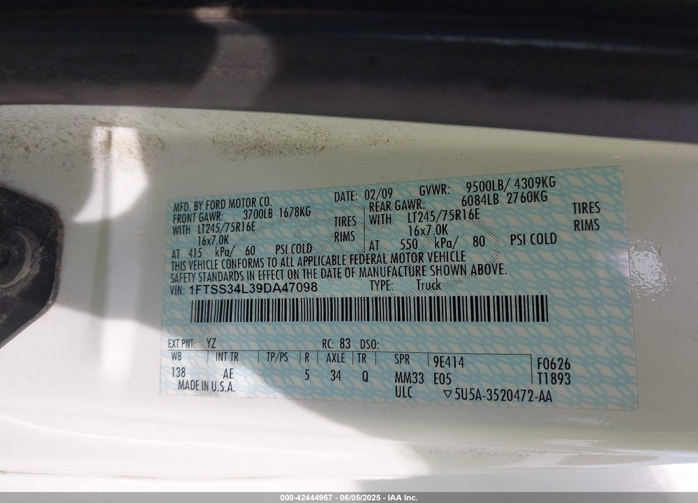 2009 FORD E-350 SUPER DUTY COMMERCIAL/RECREATIONAL VIN: 1FTSS34L39DA47098