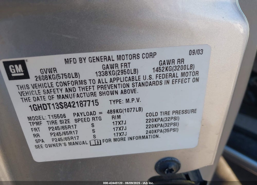 2004 OLDSMOBILE BRAVADA VIN: 1GHDT13S842187715