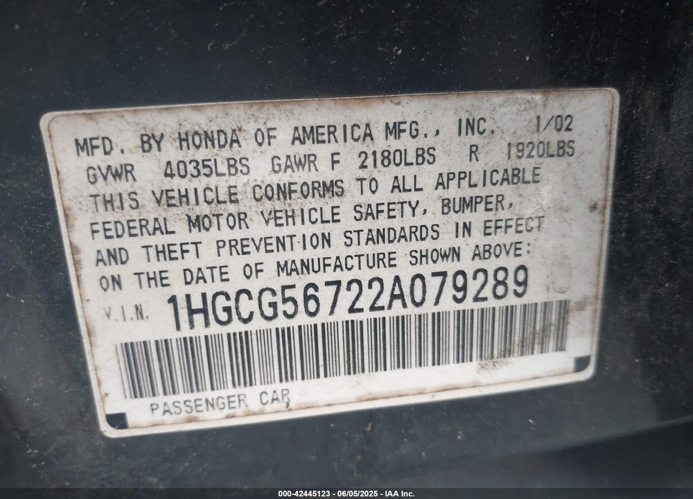 2002 HONDA ACCORD 2.3 SE VIN: 1HGCG56722A079289