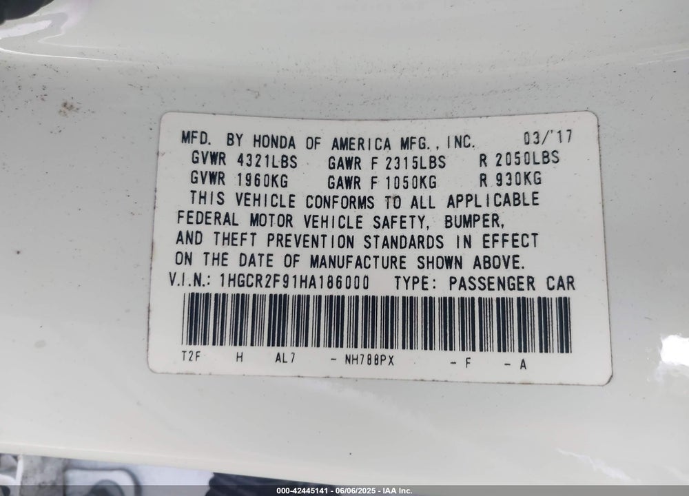 2017 HONDA ACCORD VIN: 1HGCR2F91HA186000