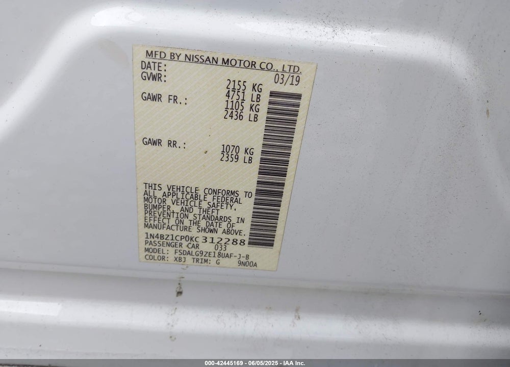 2019 NISSAN LEAF S PLUS/SL PLUS/SV PLUS VIN: 1N4BZ1CP0KC312288