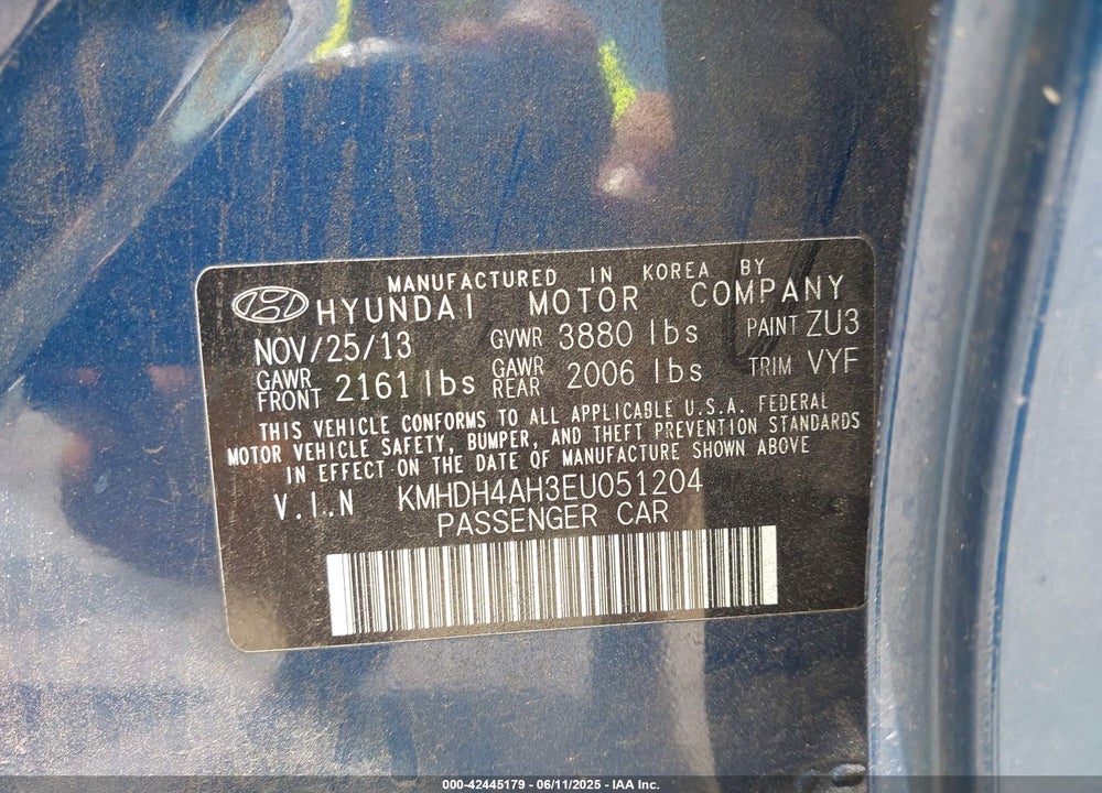 2014 HYUNDAI ELANTRA VIN: KMHDH4AH3EU051204