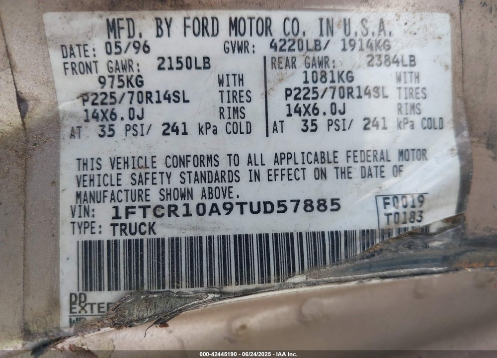 1996 FORD RANGER VIN: 1FTCR10A9TUD57885