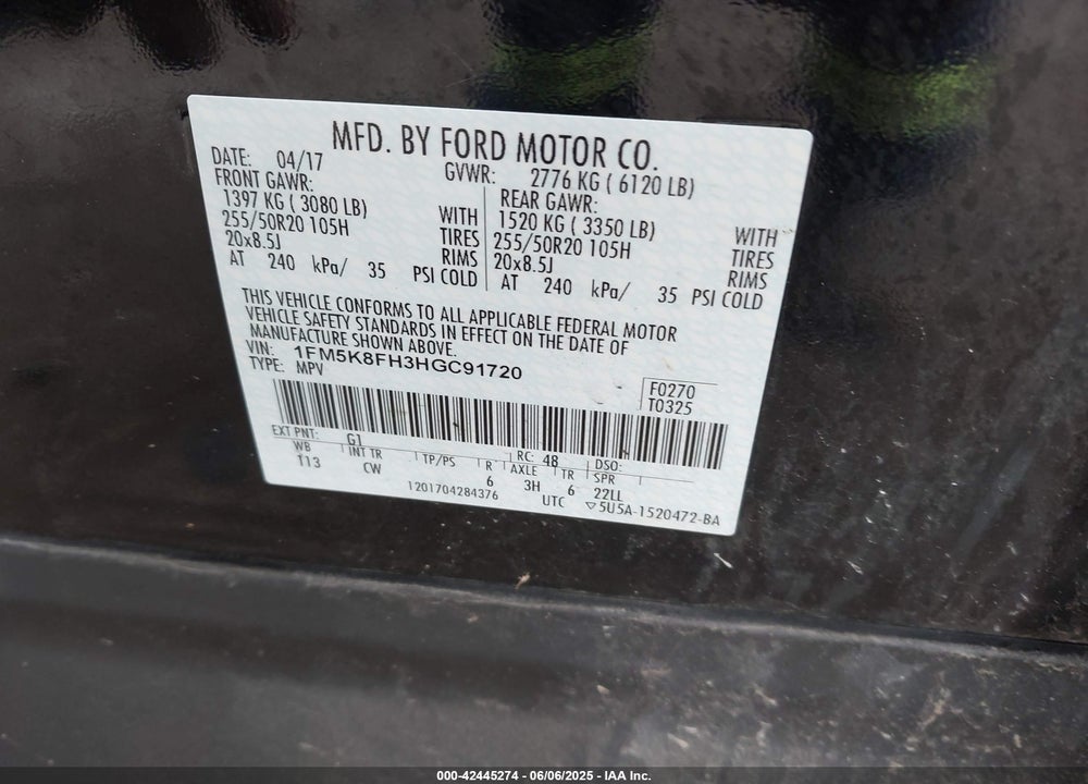 2017 FORD EXPLORER VIN: 1FM5K8FH3HGC91720