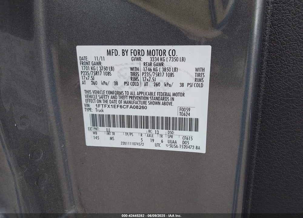 2012 FORD F-150 VIN: 1FTFX1EF6CFA08260