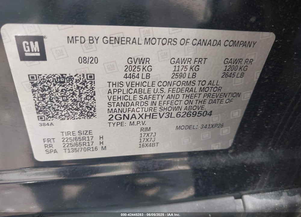 2020 CHEVROLET EQUINOX FWD LS VIN: 2GNAXHEV3L6269504
