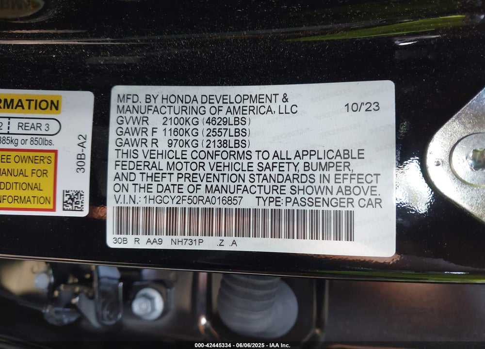 2024 HONDA ACCORD VIN: 1HGCY2F50RA016857