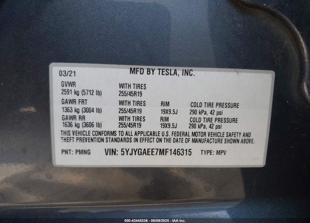 2021 TESLA MODEL Y VIN: 5YJYGAEE7MF146315