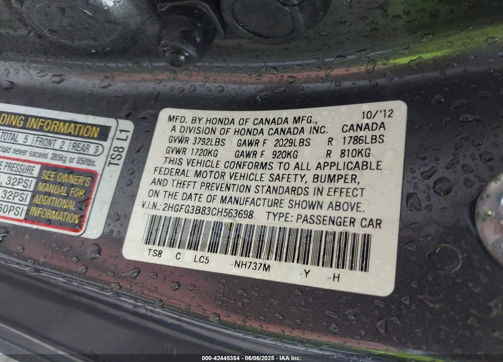 2012 HONDA CIVIC VIN: 2HGFG3B83CH563698
