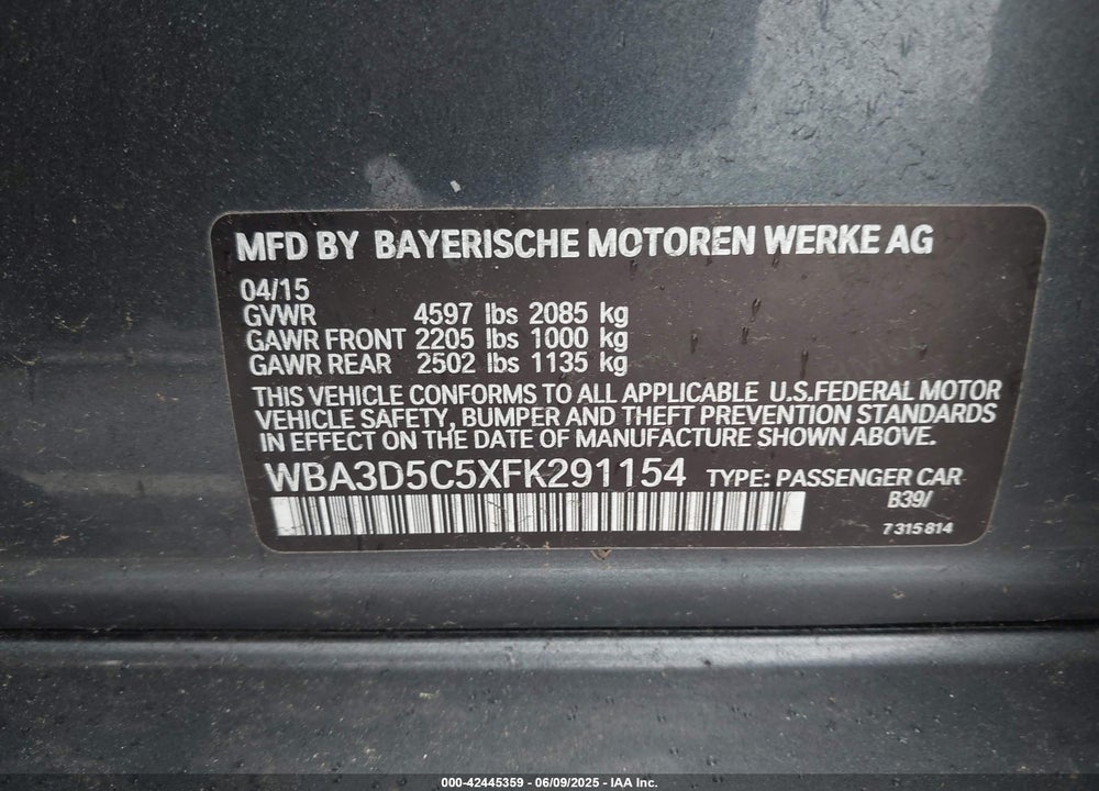 2015 BMW 3 SERIES VIN: WBA3D5C5XFK291154