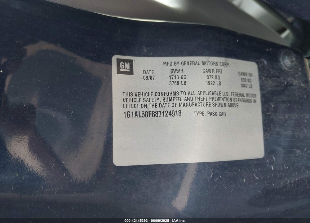 2008 CHEVROLET COBALT LT VIN: 1G1AL58F887124918