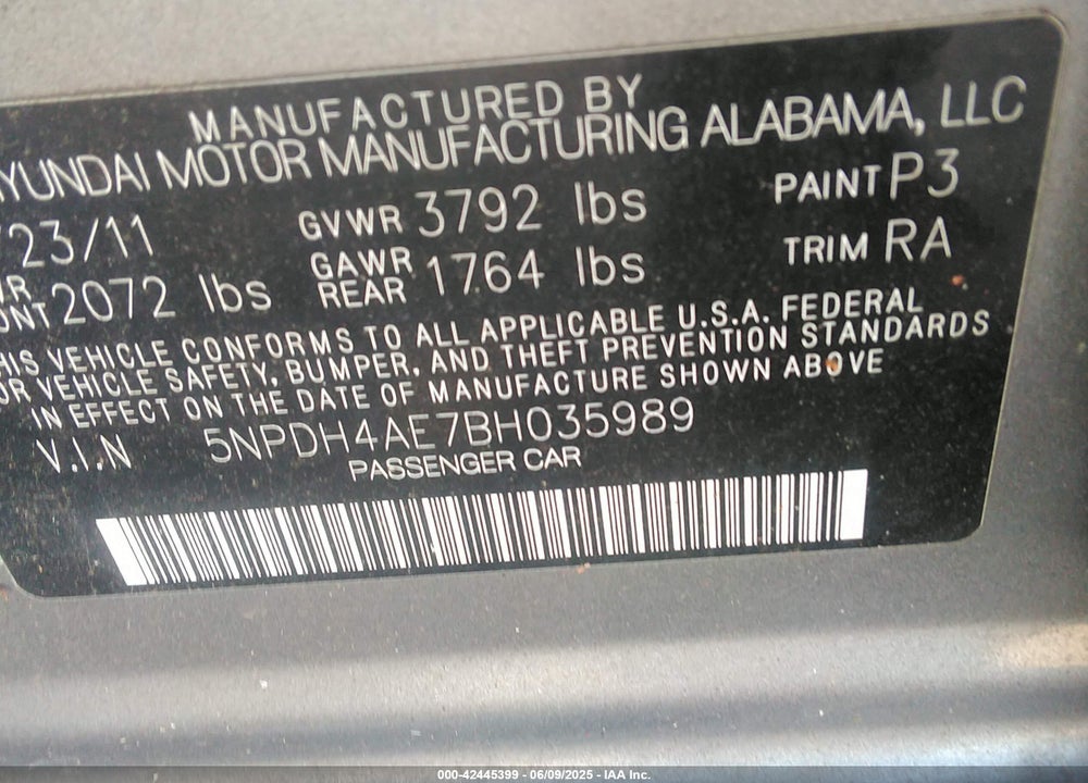 2011 HYUNDAI ELANTRA VIN: 5NPDH4AE7BH035989