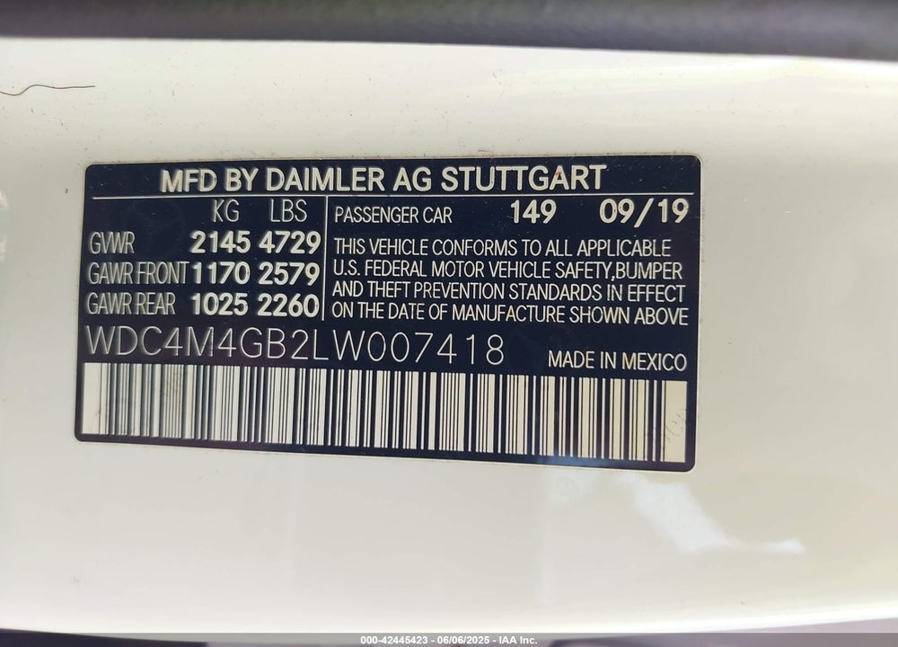2020 MERCEDES-BENZ GLB-CLASS VIN: WDC4M4GB2LW007418