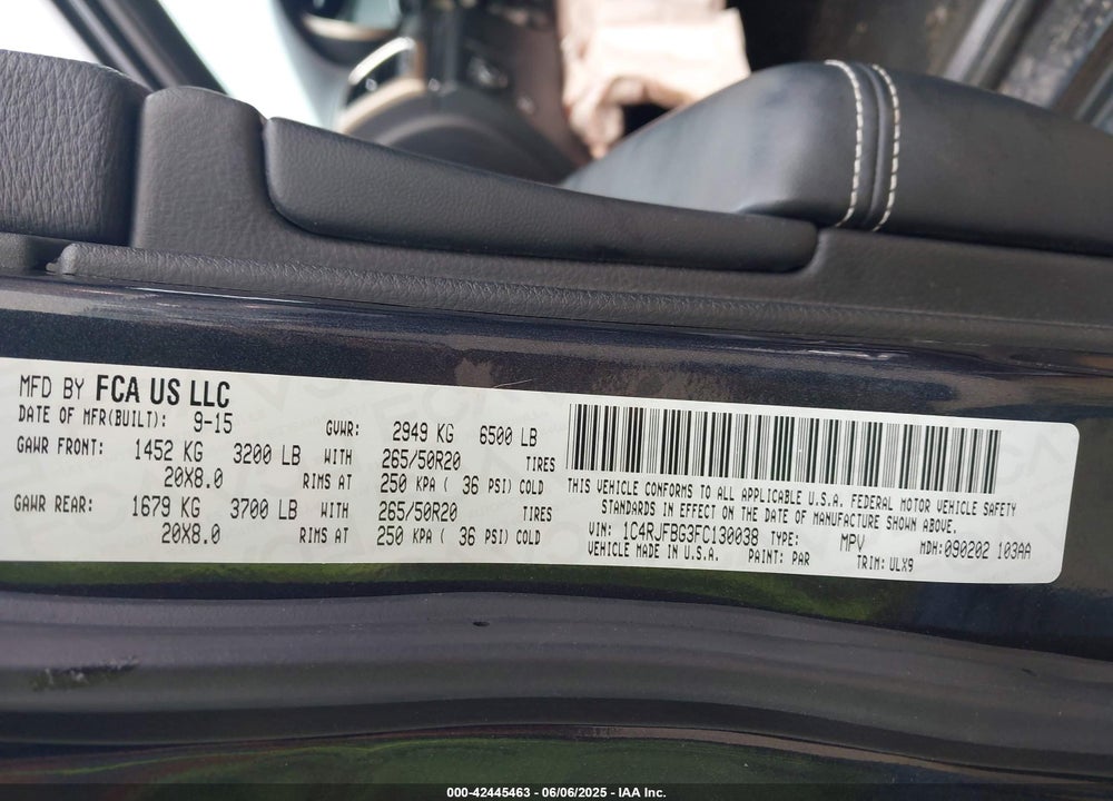 2015 JEEP GRAND CHEROKEE VIN: 1C4RJFBG3FC130038