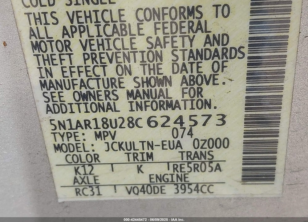 2008 NISSAN PATHFINDER VIN: 5N1AR18U28C624573