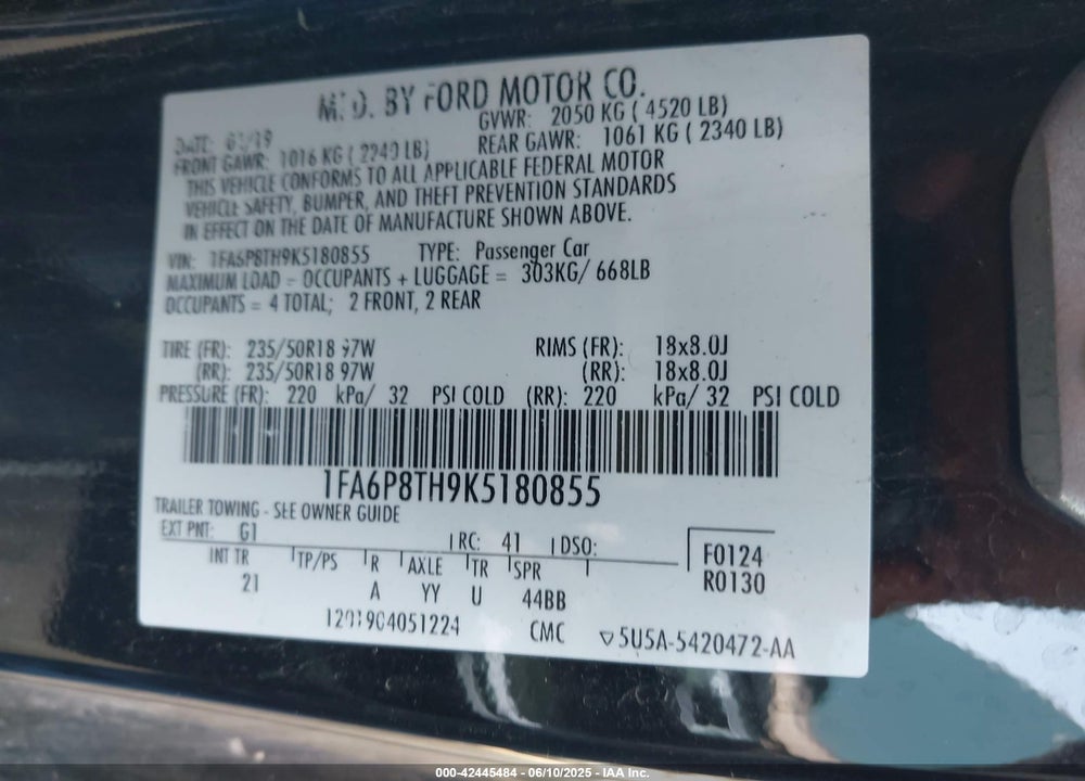 2019 FORD MUSTANG ECOBOOST VIN: 1FA6P8TH9K5180855