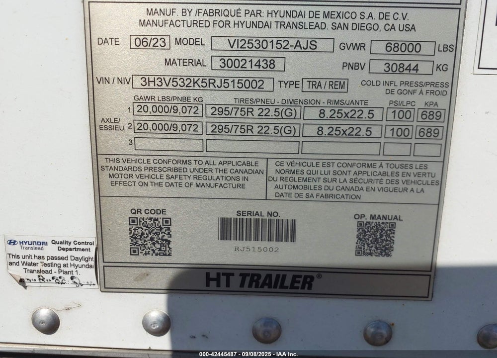 2024 HYUNDAI TRANSLEAD INC DRY VAN TRAILER VIN: 3H3V532K5RJ515002