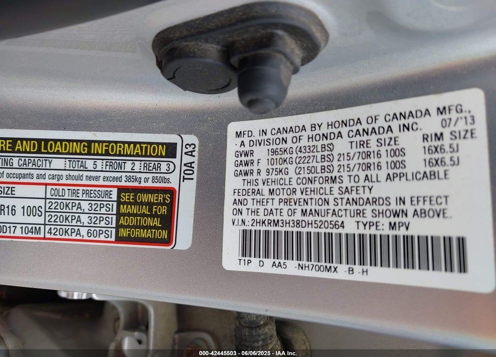 2013 HONDA CR-V LX VIN: 2HKRM3H38DH520564