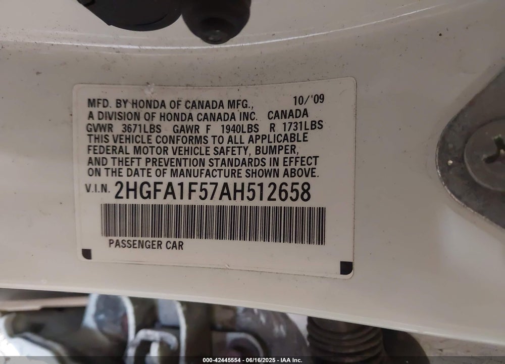 2010 HONDA CIVIC LX VIN: 2HGFA1F57AH512658