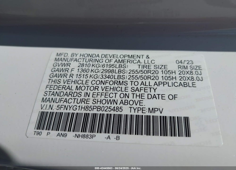 2023 HONDA PILOT VIN: 5FNYG1H85PB025485