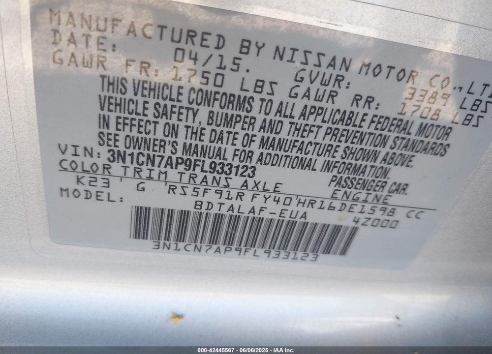2015 NISSAN VERSA 1.6 S+ VIN: 3N1CN7AP9FL933123