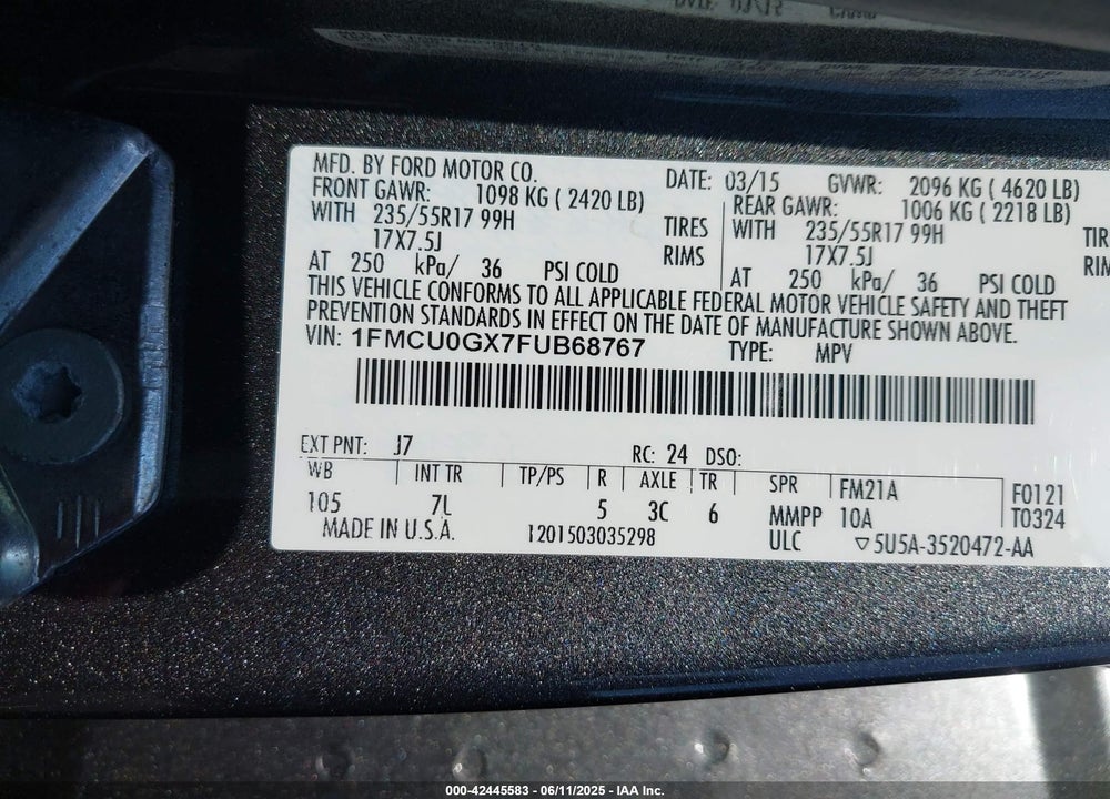 2015 FORD ESCAPE VIN: 1FMCU0GX7FUB68767