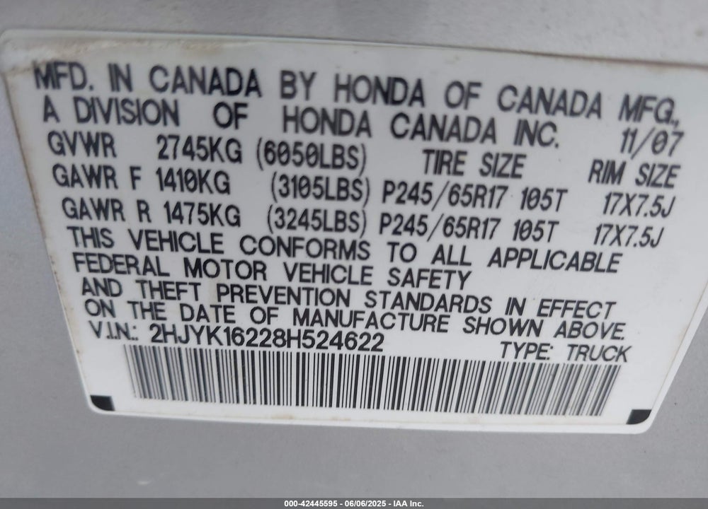 2008 HONDA RIDGELINE RT VIN: 2HJYK16228H524622