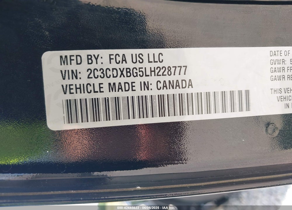 2020 DODGE CHARGER VIN: 2C3CDXBG5LH228777