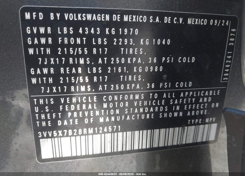 2024 VOLKSWAGEN TAOS 1.5T S VIN: 3VV5X7B28RM124571