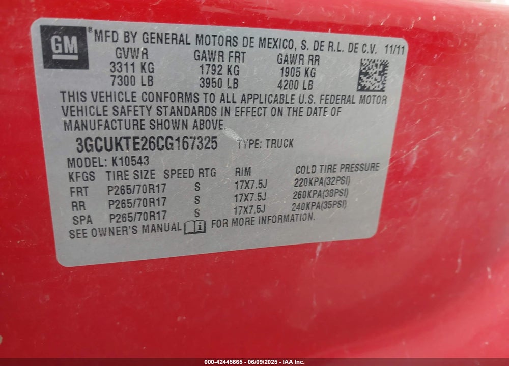 2012 CHEVROLET SILVERADO 1500 LTZ VIN: 3GCUKTE26CG167325