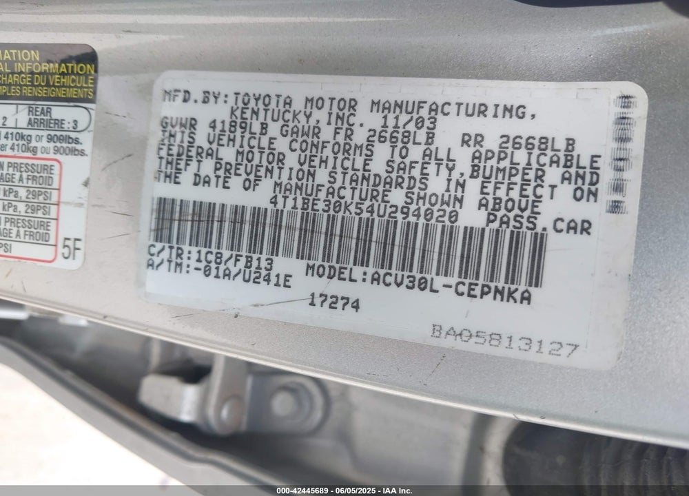 2004 TOYOTA CAMRY LE VIN: 4T1BE30K54U294020